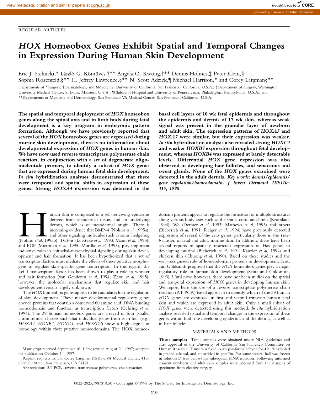 HOX Homeobox Genes Exhibit Spatial and Temporal Changes in Expression During Human Skin Development