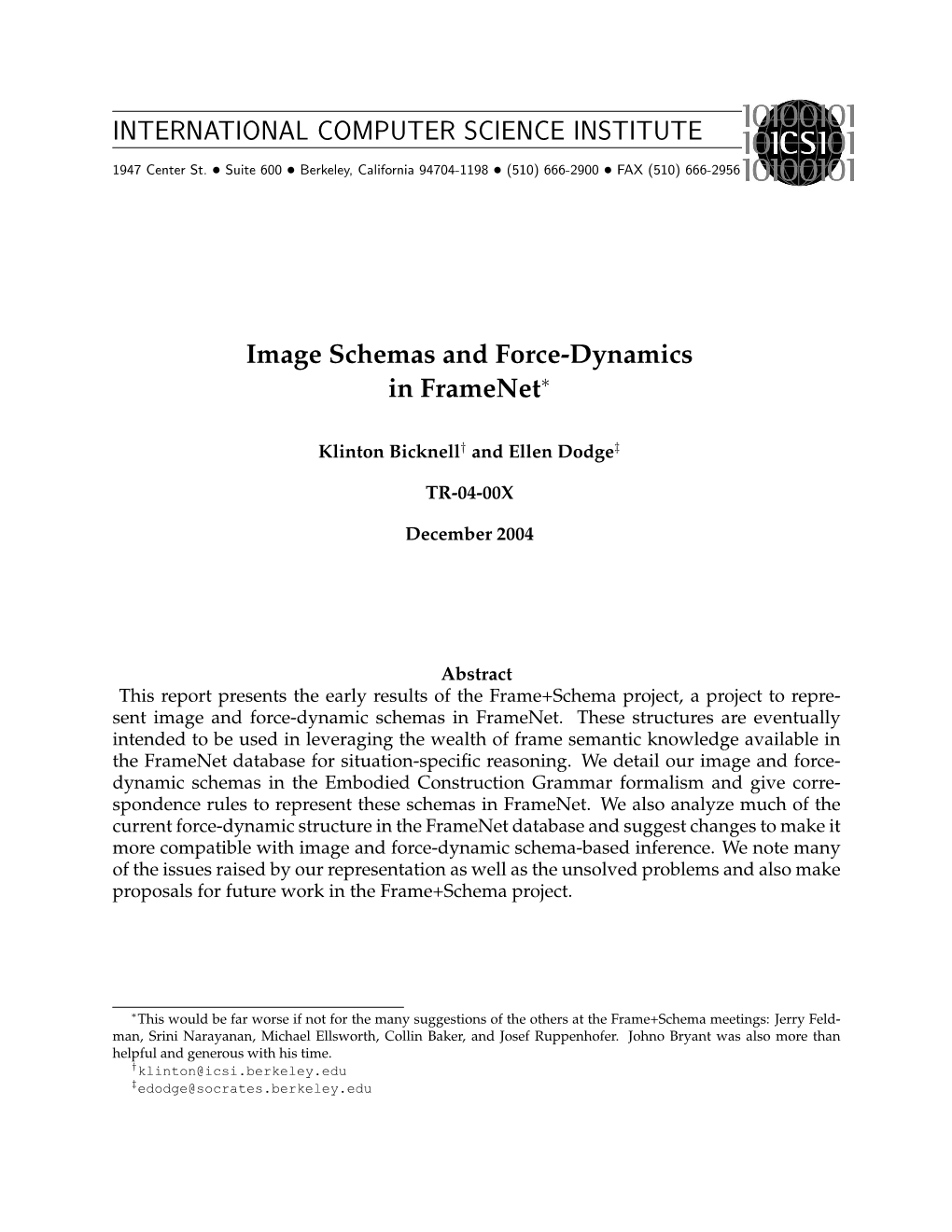 INTERNATIONAL COMPUTER SCIENCE INSTITUTE Image Schemas and Force-Dynamics in Framenet