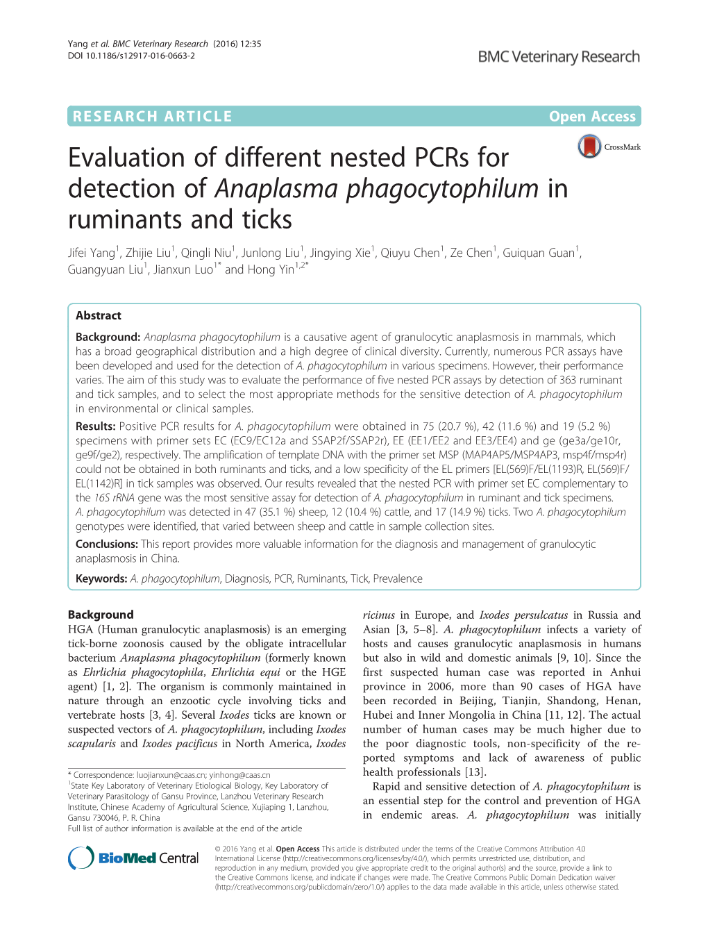 Evaluation of Different Nested Pcrs for Detection of Anaplasma