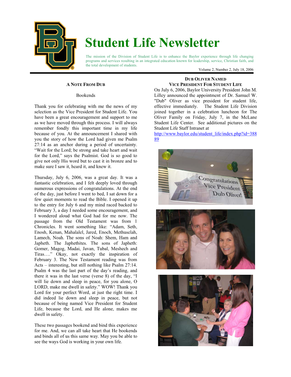 Student Life Division Monthly Newsletter