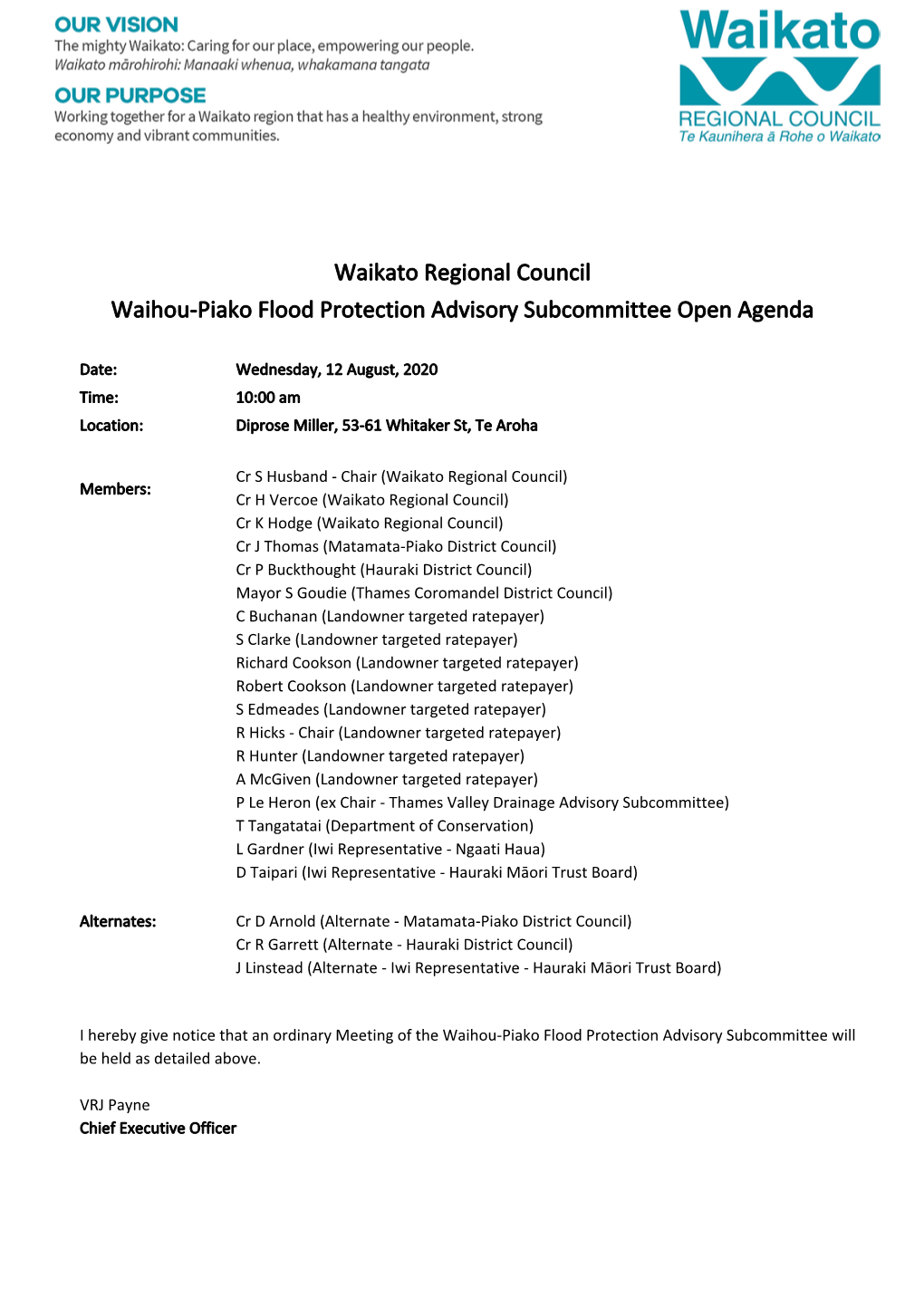 Waihou-Piako Flood Protection Advisory Subcommittee Agenda Pack