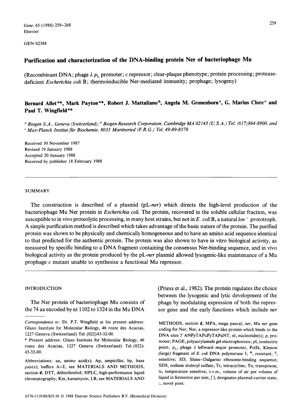 Purification and Characterization of the DNA-Binding Protein Ner of Bacteriophage Mu