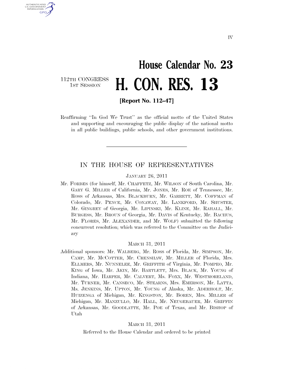 H. CON. RES. 13 [Report No