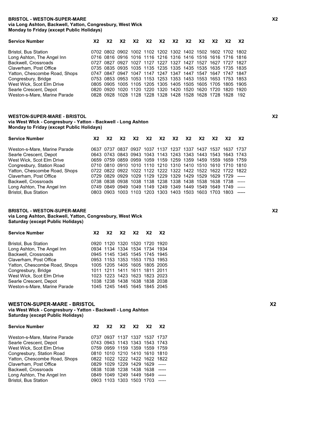 WESTON-SUPER-MARE X2 Via Long Ashton, Backwell, Yatton, Congresbury, West Wick Monday to Friday (Except Public Holidays)