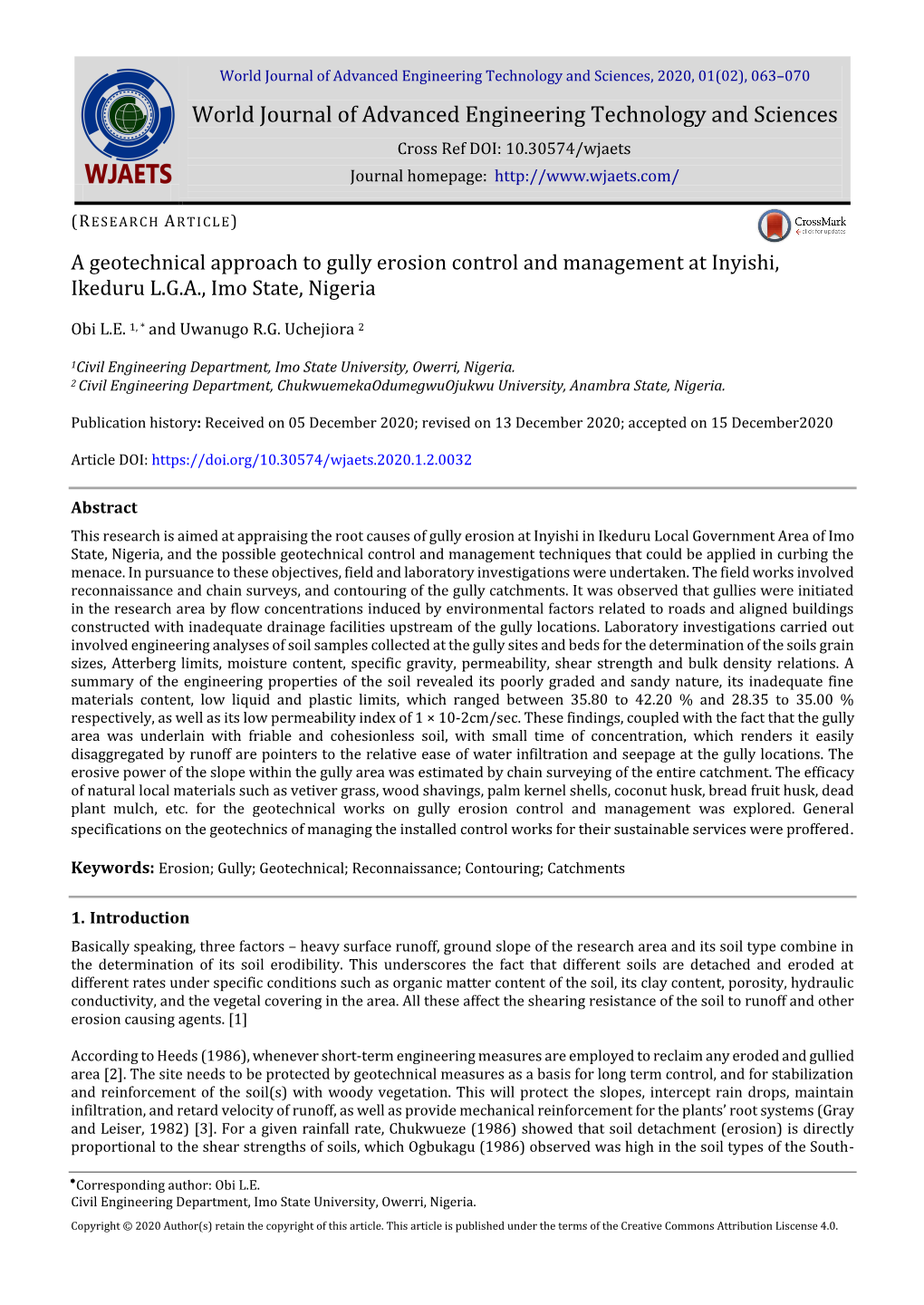 A Geotechnical Approach to Gully Erosion Control and Management at Inyishi, Ikeduru L.G.A., Imo State, Nigeria