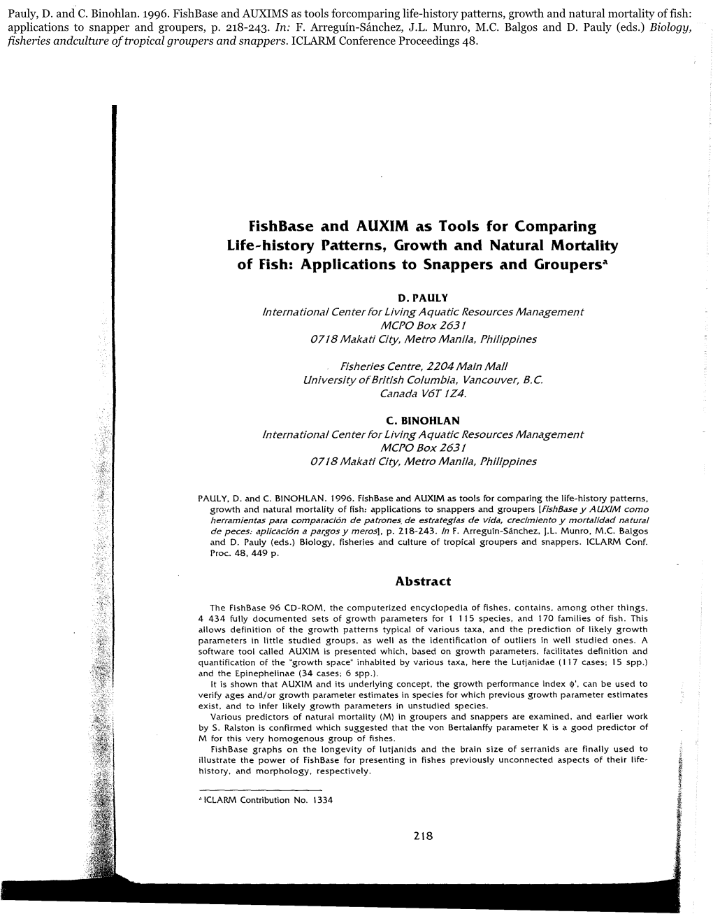 Fishbase and AUXIM As Tools for Comparing Life-History Patterns, Growth and Natural Mortality of Fish: Applications to Snappers and Groupersa