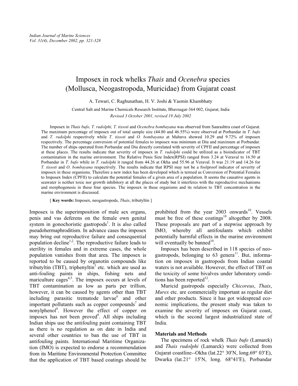 Imposex in Rock Whelks Thais and Ocenebra Species (Mollusca, Neogastropoda, Muricidae) from Gujarat Coast