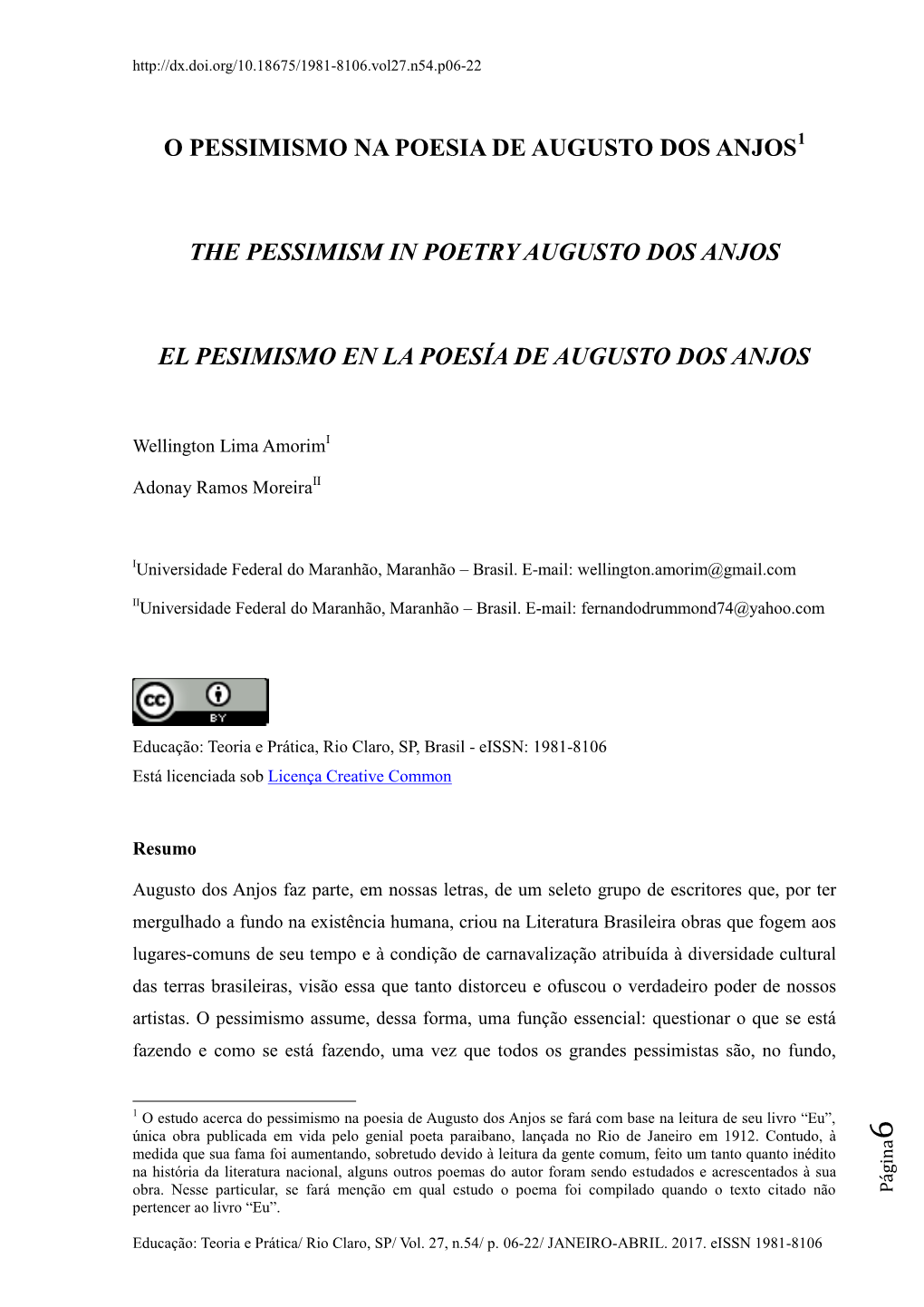 O Pessimismo Na Poesia De Augusto Dos Anjos the Pessimism in Poetry Augusto Dos Anjos El Pesimismo En La Poesía De Augusto