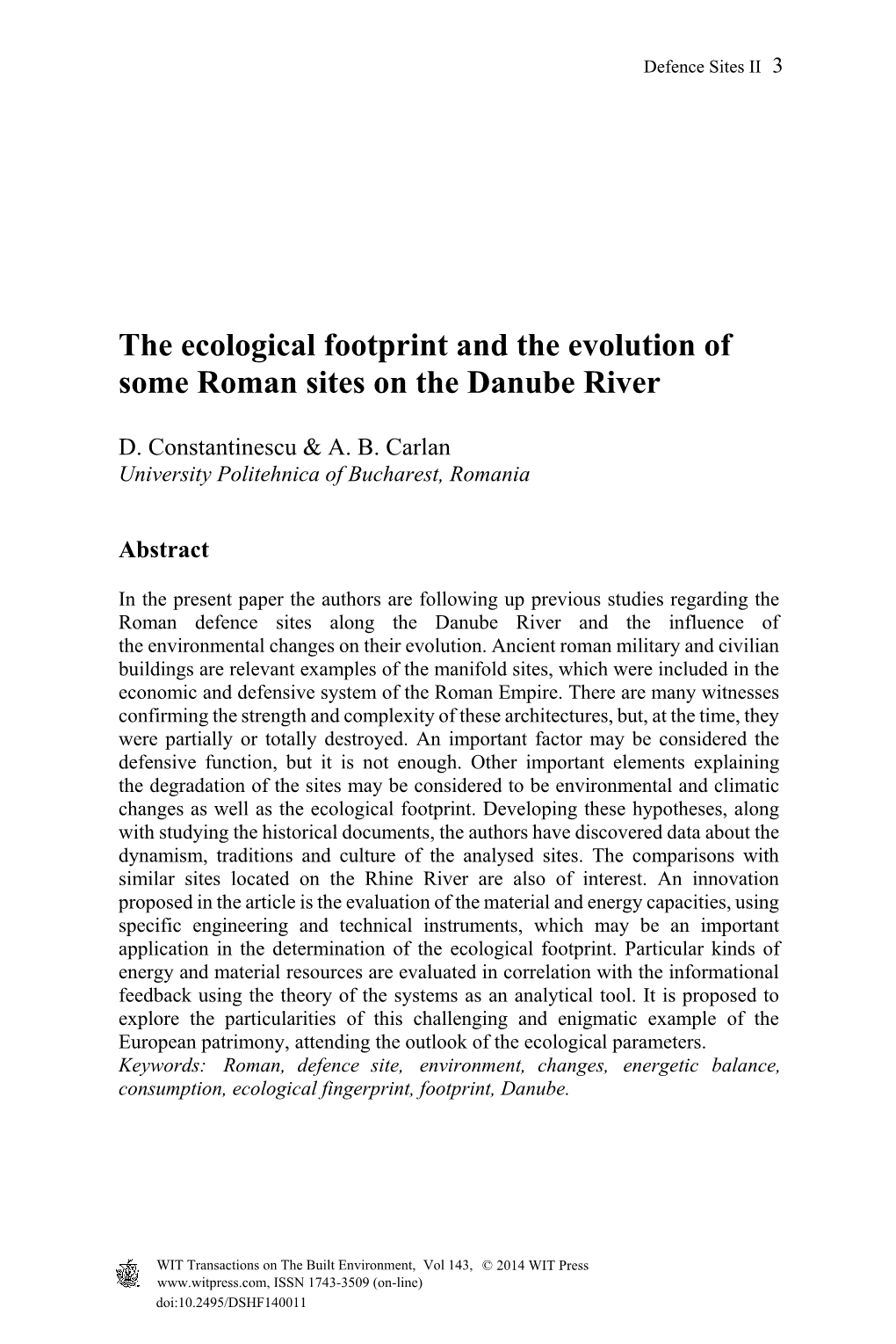 The Ecological Footprint and the Evolution of Some Roman Sites on the Danube River