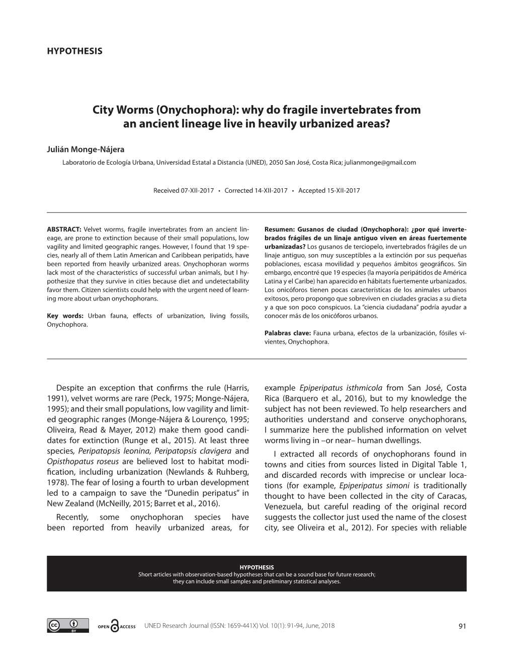 Onychophora): Why Do Fragile Invertebrates from an Ancient Lineage Live in Heavily Urbanized Areas?