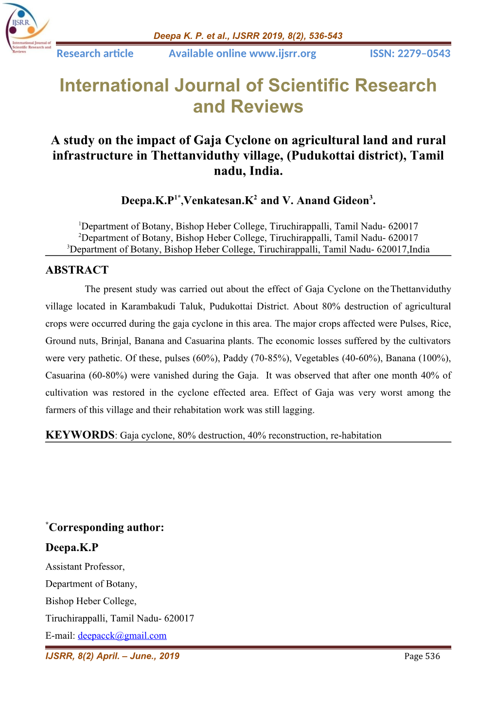 A Study on the Impact of Gaja Cyclone on Agricultural Land and Rural Infrastructure in Thettanviduthy Village, (Pudukottai District), Tamil Nadu, India