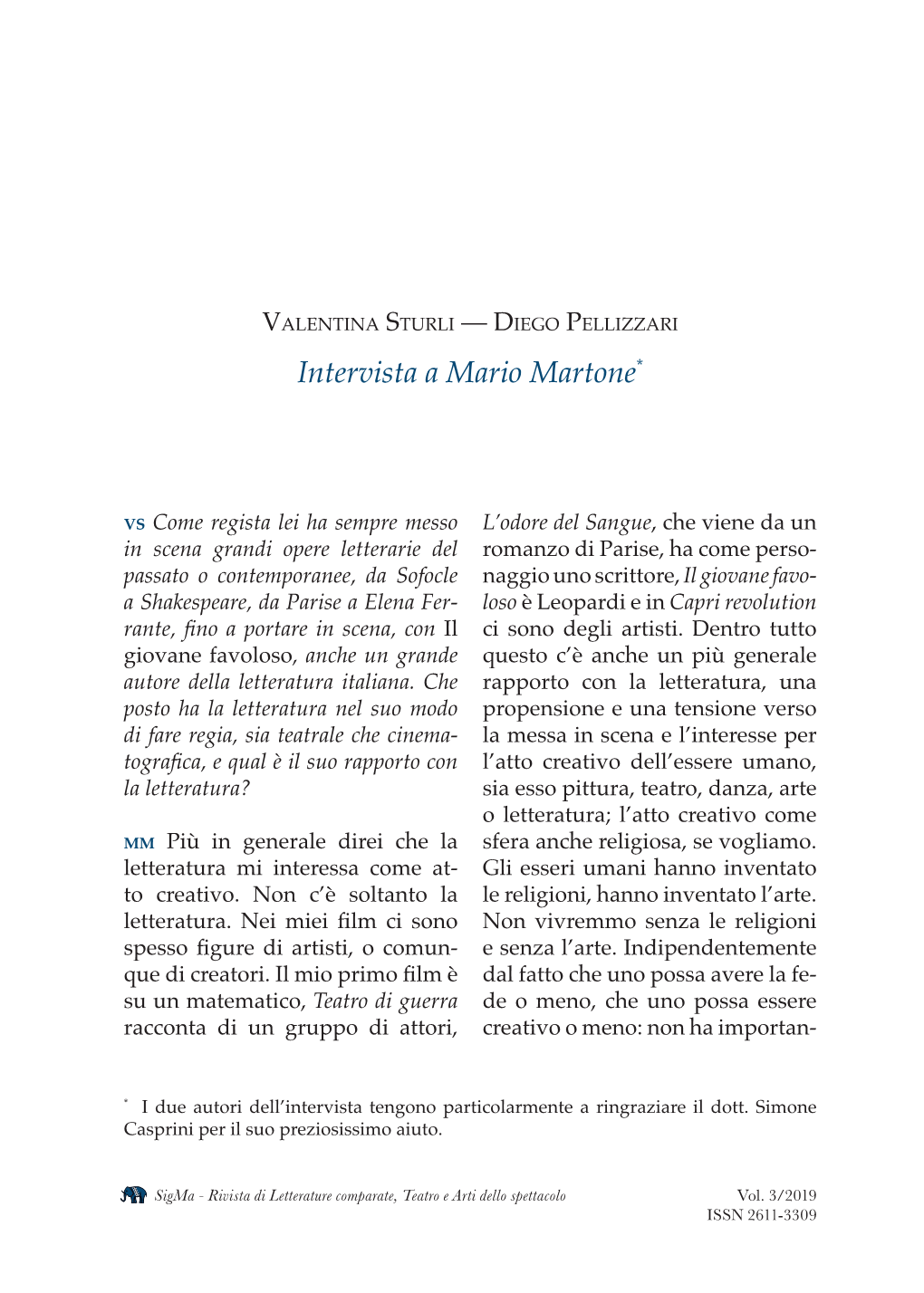 Valentina Sturli — Diego Pellizzari Intervista a Mario Martone*