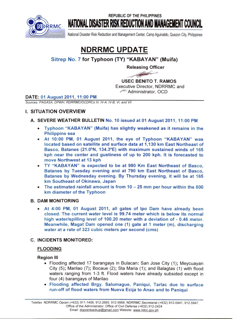 NDRRMC Update Sitrep No. 7 for Typhoon KABAYAN (Muifa)