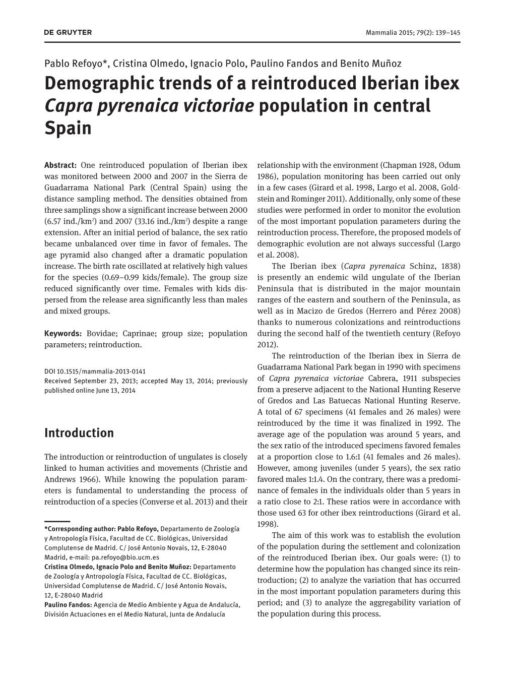 Demographic Trends of a Reintroduced Iberian Ibex Capra Pyrenaica Victoriae Population in Central Spain