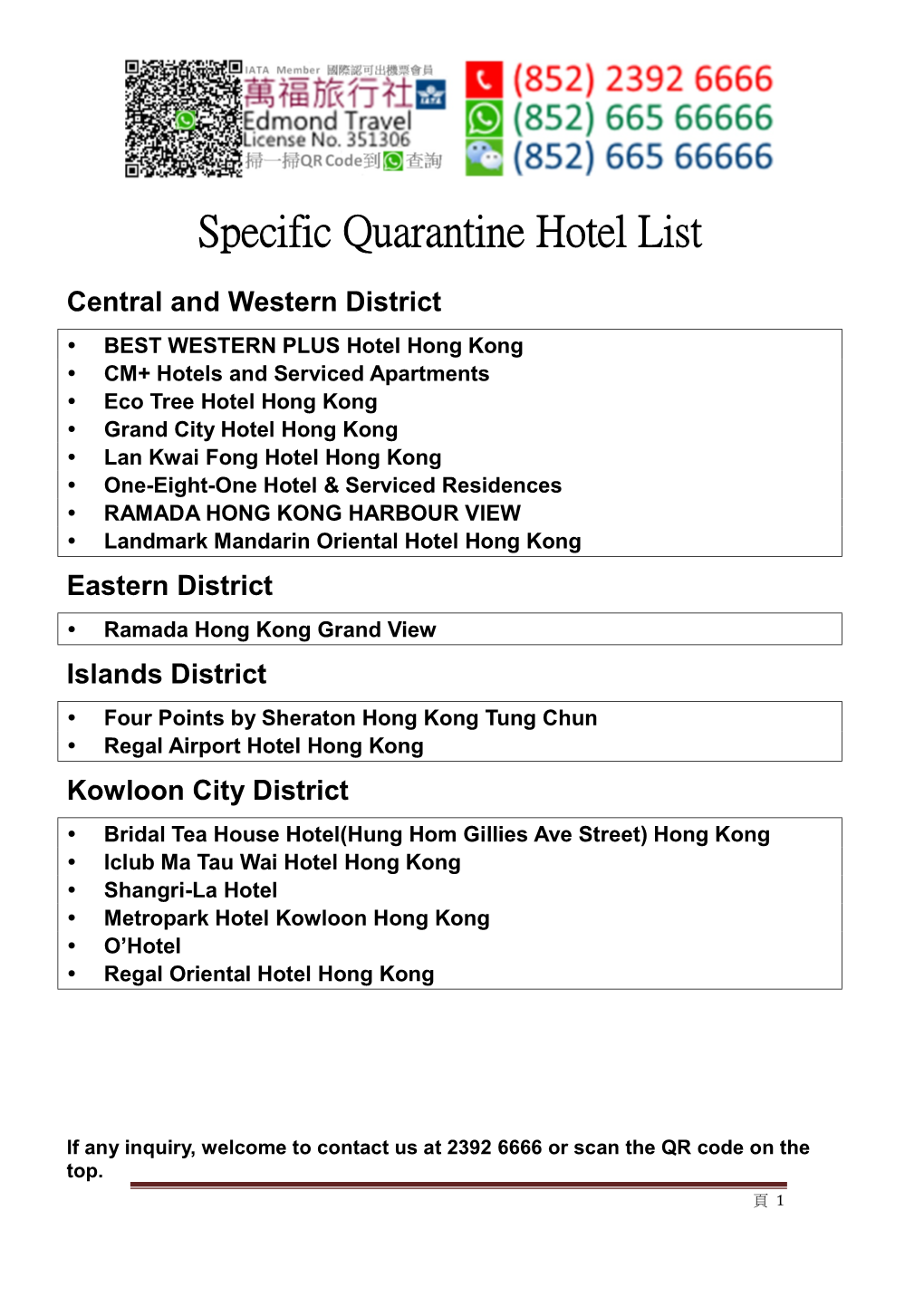 Specific Quarantine Hotel List