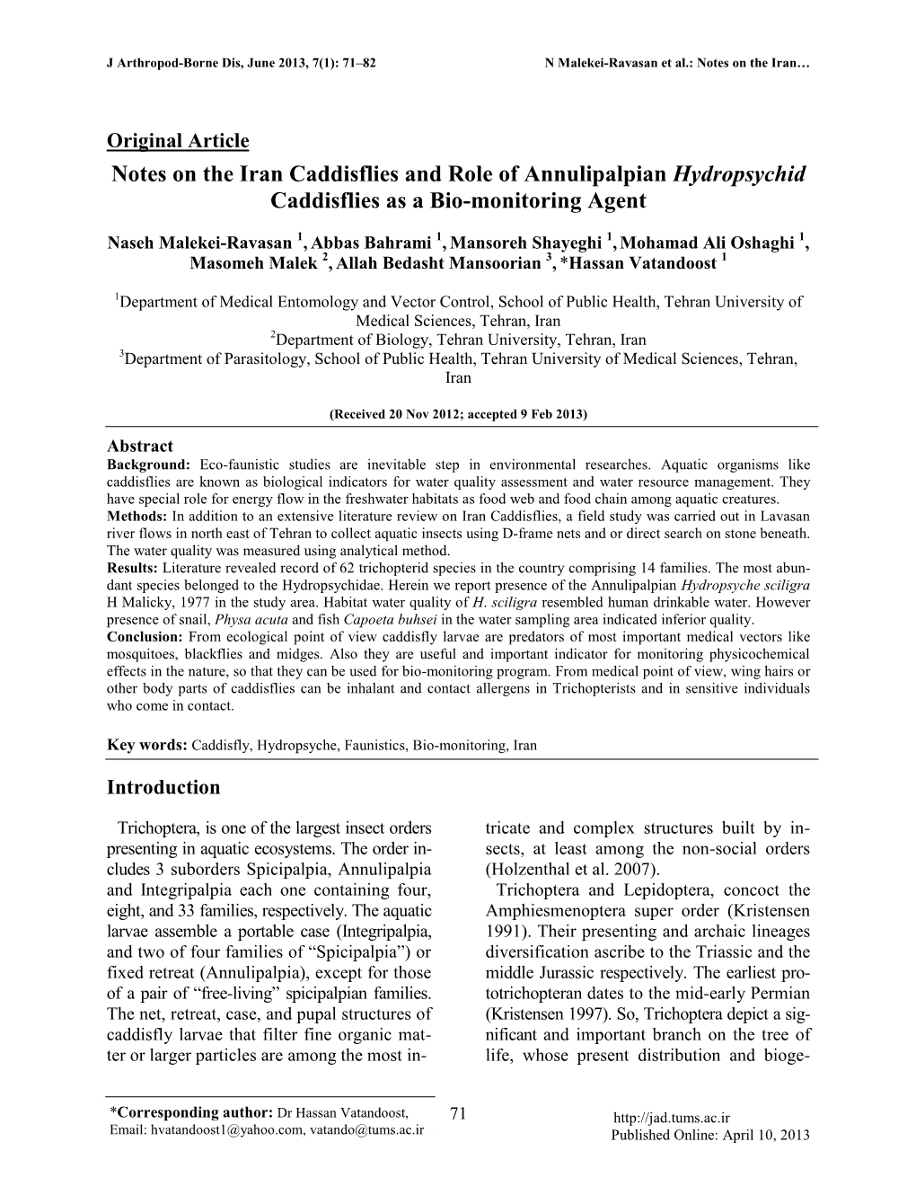 Notes on the Iran Caddisflies and Role of Annulipalpian Hydropsychid Caddisflies As a Bio-Monitoring Agent