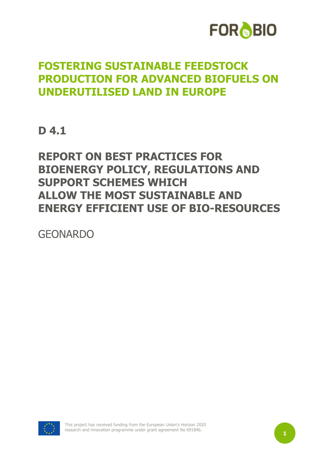 Report on Best Practices for Bioenergy Policy, Regulations and Support Schemes Which Allow the Most Sustainable and Energy Efficient Use of Bio-Resources