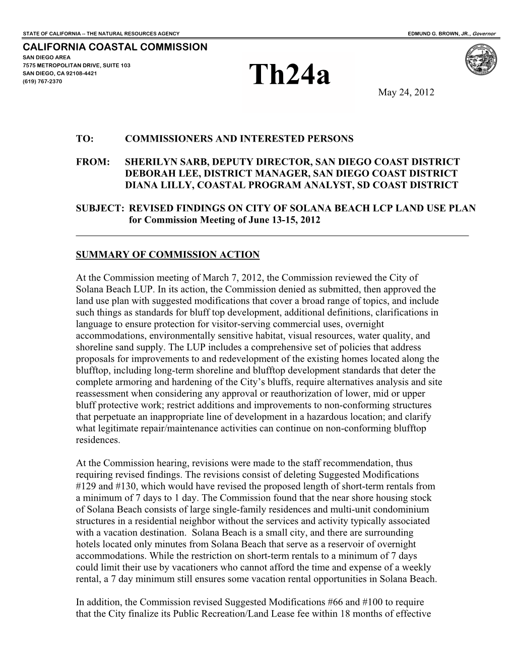 California Coastal Commission Staff Report and Recommendation Regarding City of Solana Beach LCP Land Use Plan Revised Findings