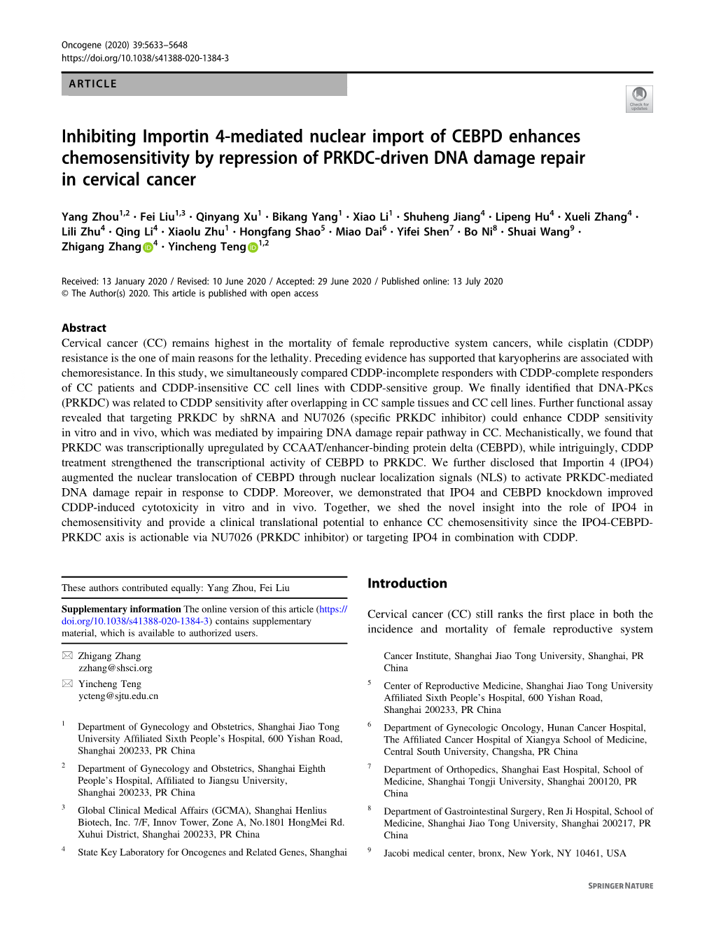 Inhibiting Importin 4-Mediated Nuclear Import of CEBPD Enhances Chemosensitivity by Repression of PRKDC-Driven DNA Damage Repair in Cervical Cancer