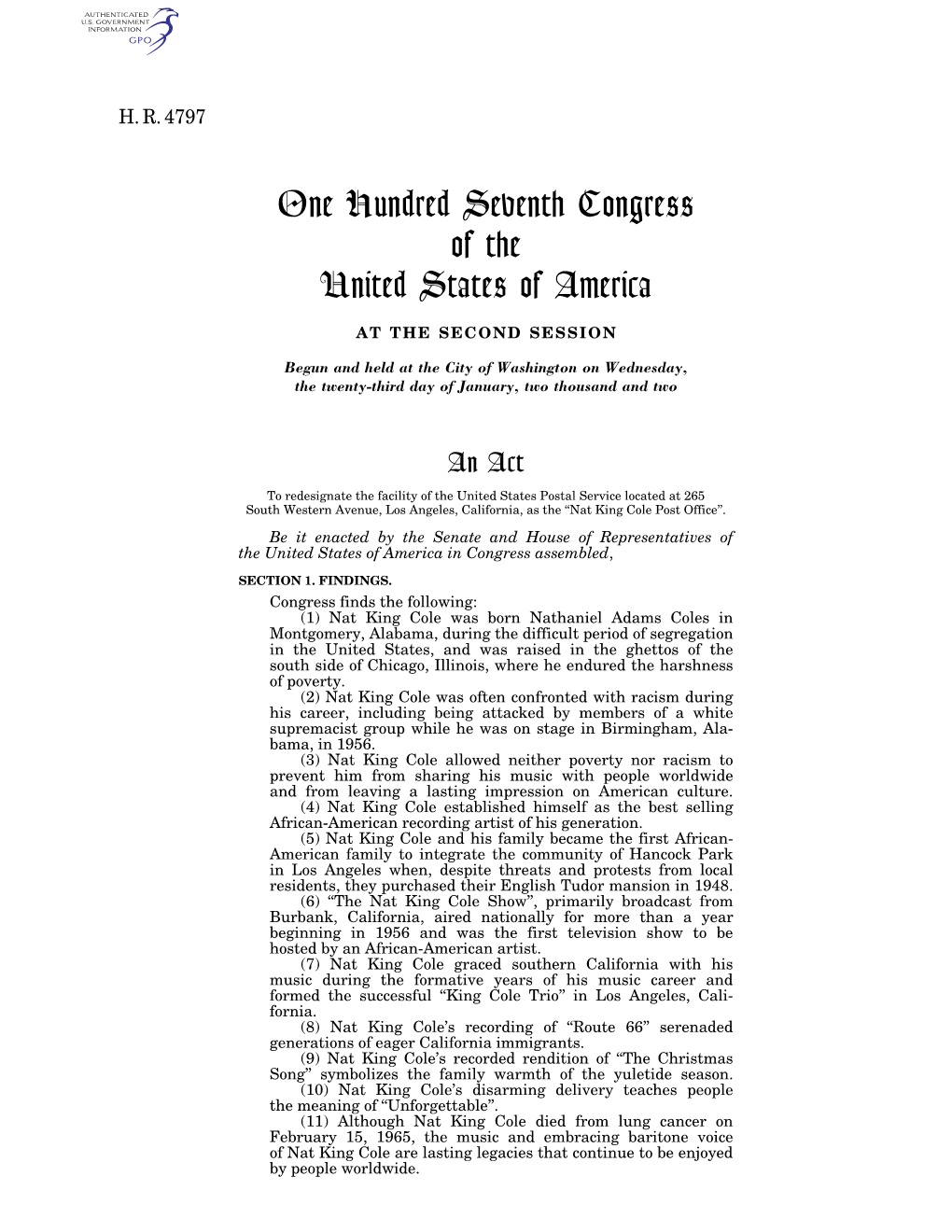 One Hundred Seventh Congress of the United States of America