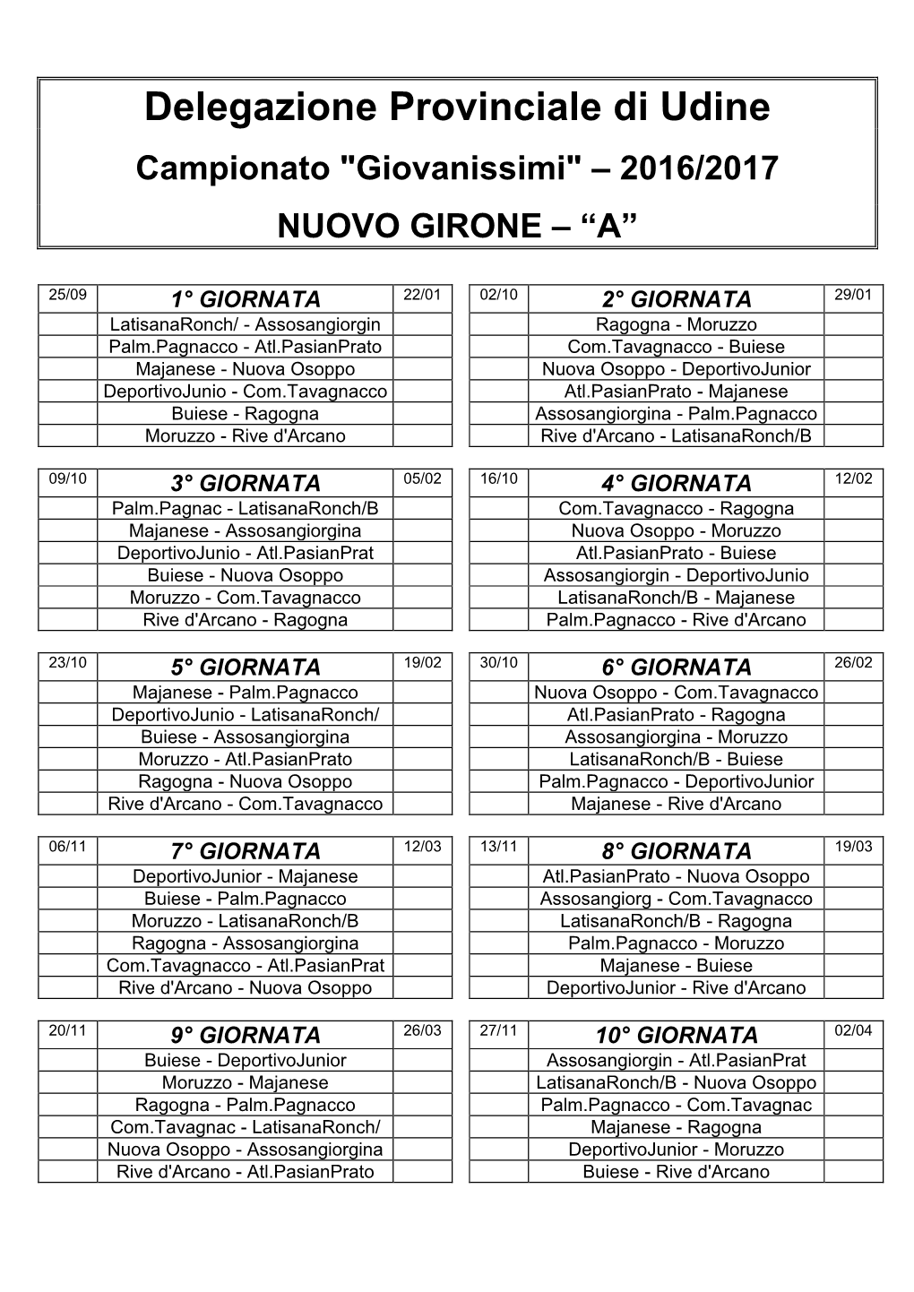 Delegazione Provinciale Di Udine Campionato "Giovanissimi" – 2016/2017 NUOVO GIRONE – “A”