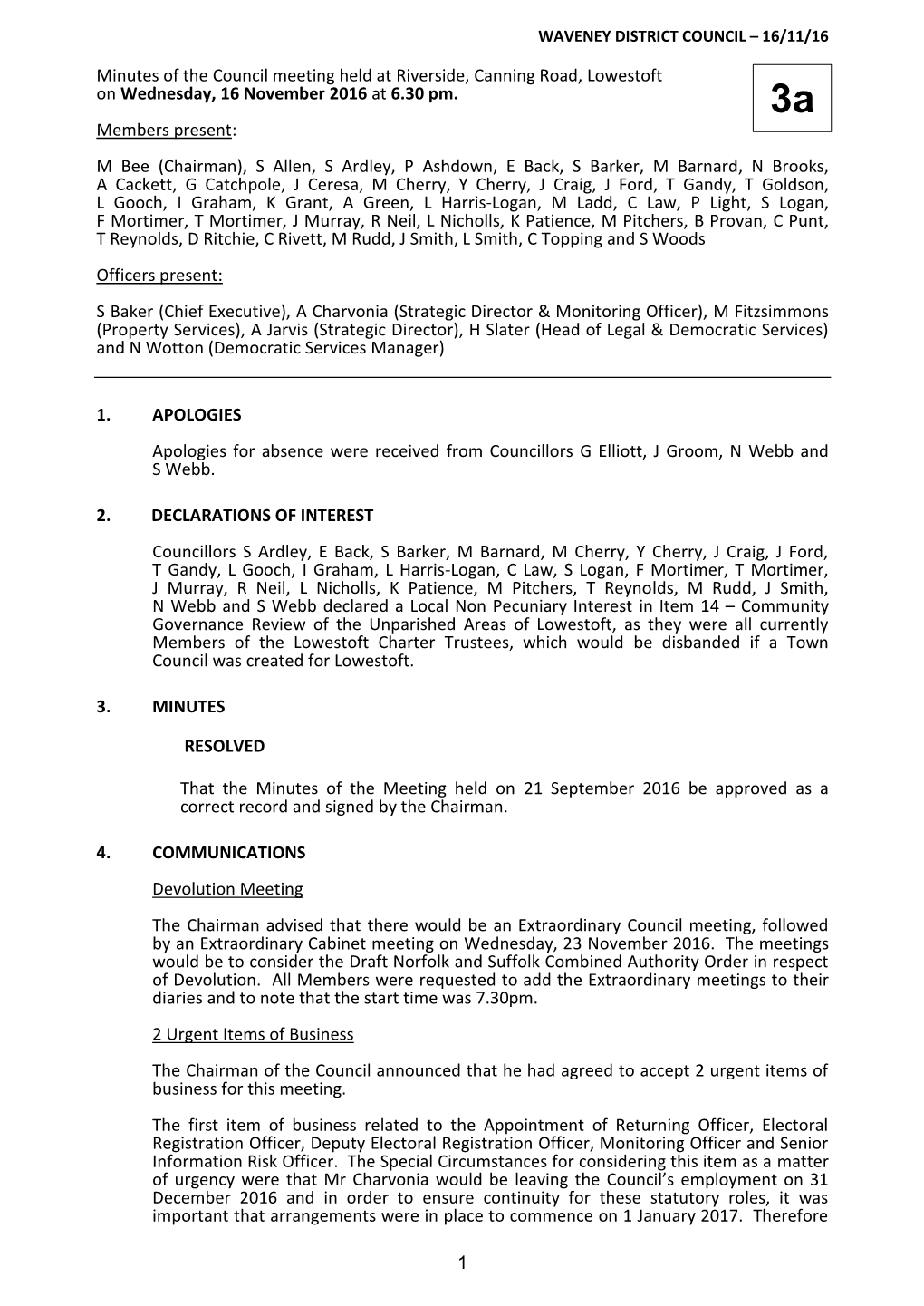 Minutes of a Meeting Held at the Town Hall, Lowestoft