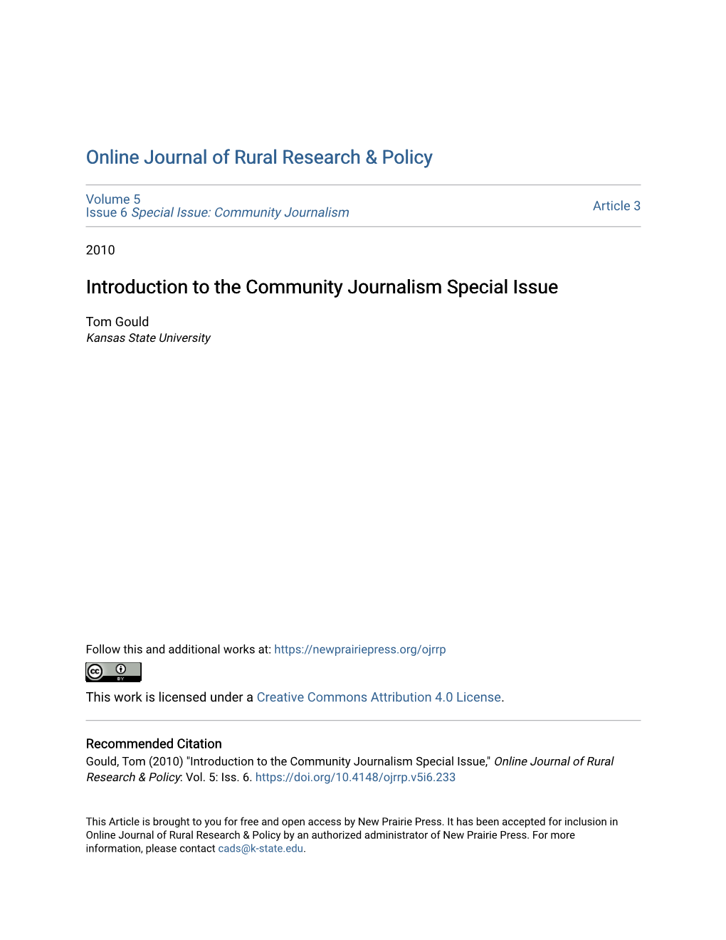 Introduction to the Community Journalism Special Issue