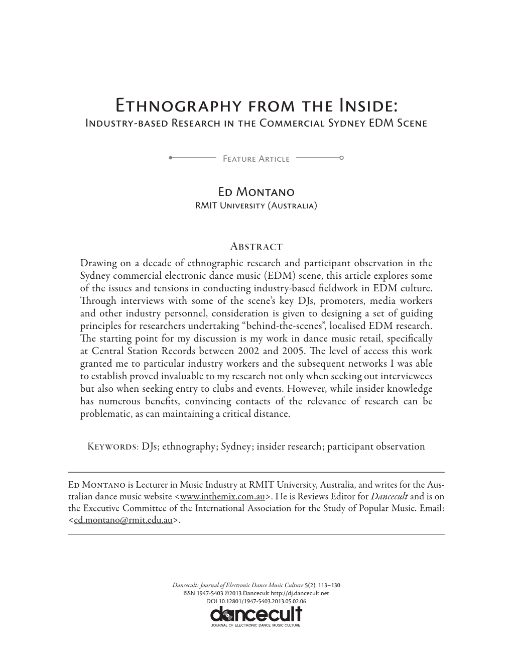 Ethnography from the Inside: Industry-Based Research in the Commercial Sydney EDM Scene