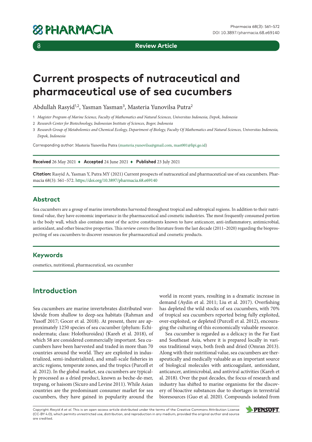 Current Prospects of Nutraceutical and Pharmaceutical Use of Sea Cucumbers