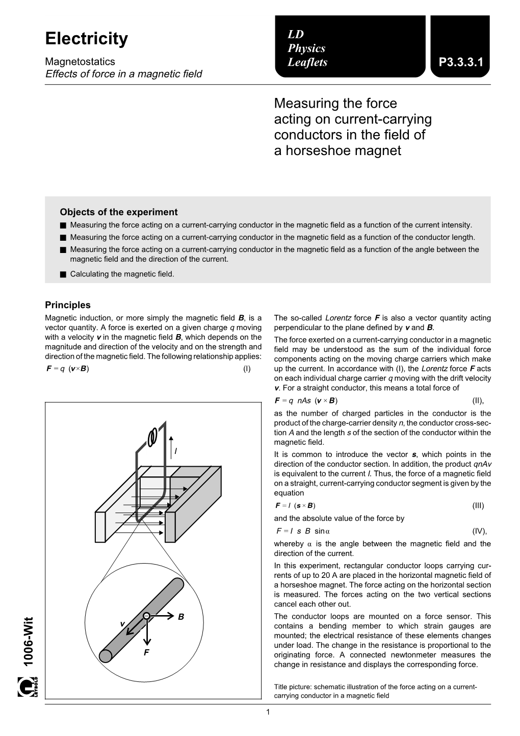 Electricity LD Physics Magnetostatics Leaflets P3.3.3.1 Effects of Force in a Magnetic Field