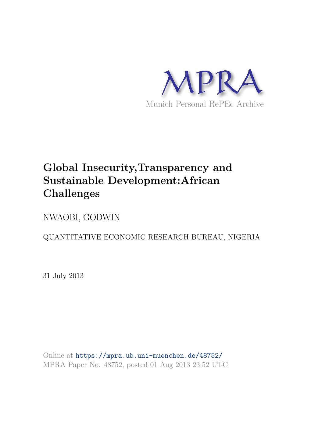 Global Insecurity,Transparency and Sustainable Development:African Challenges