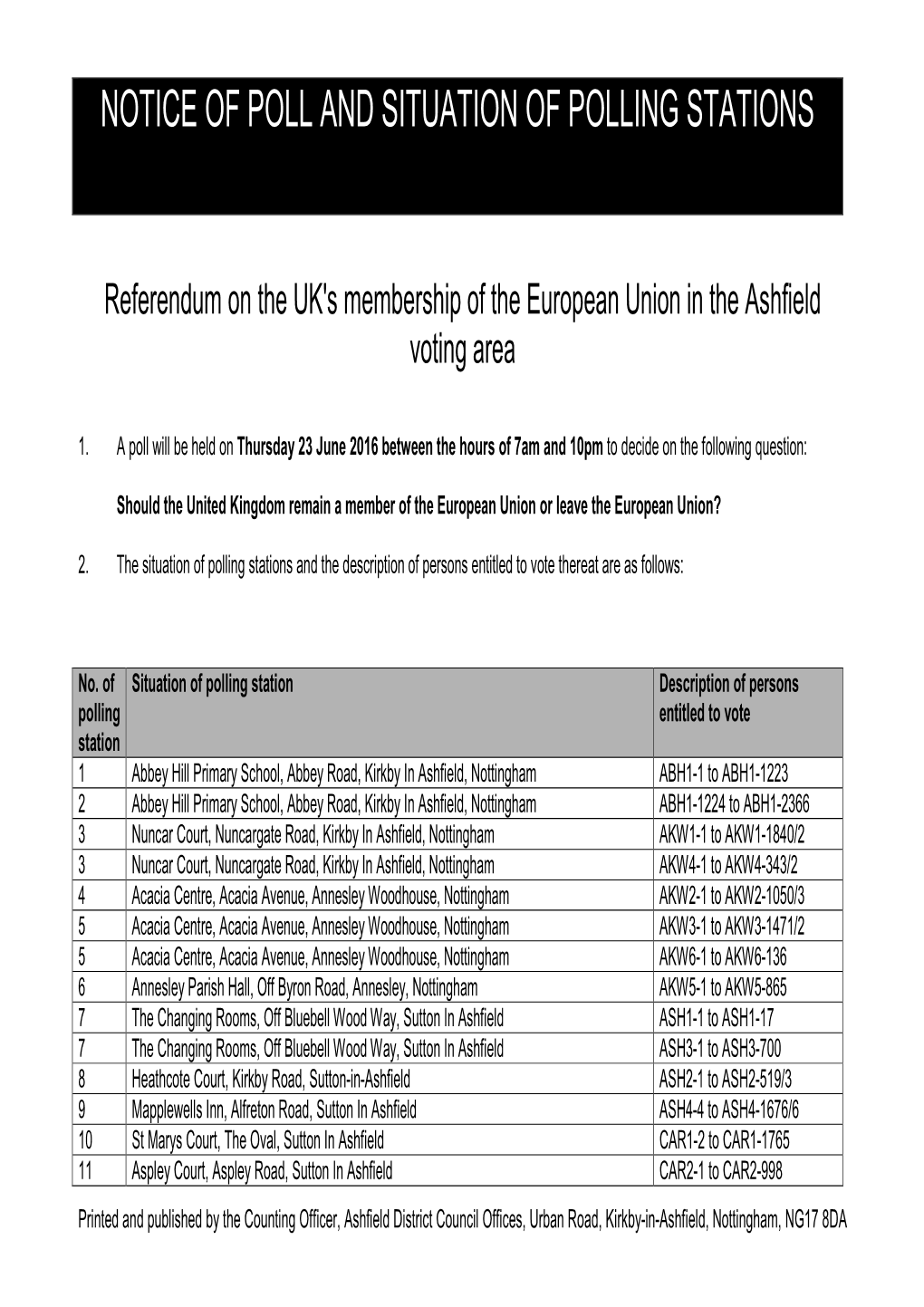 Notice of Poll and Situation of Polling Stations Referendum