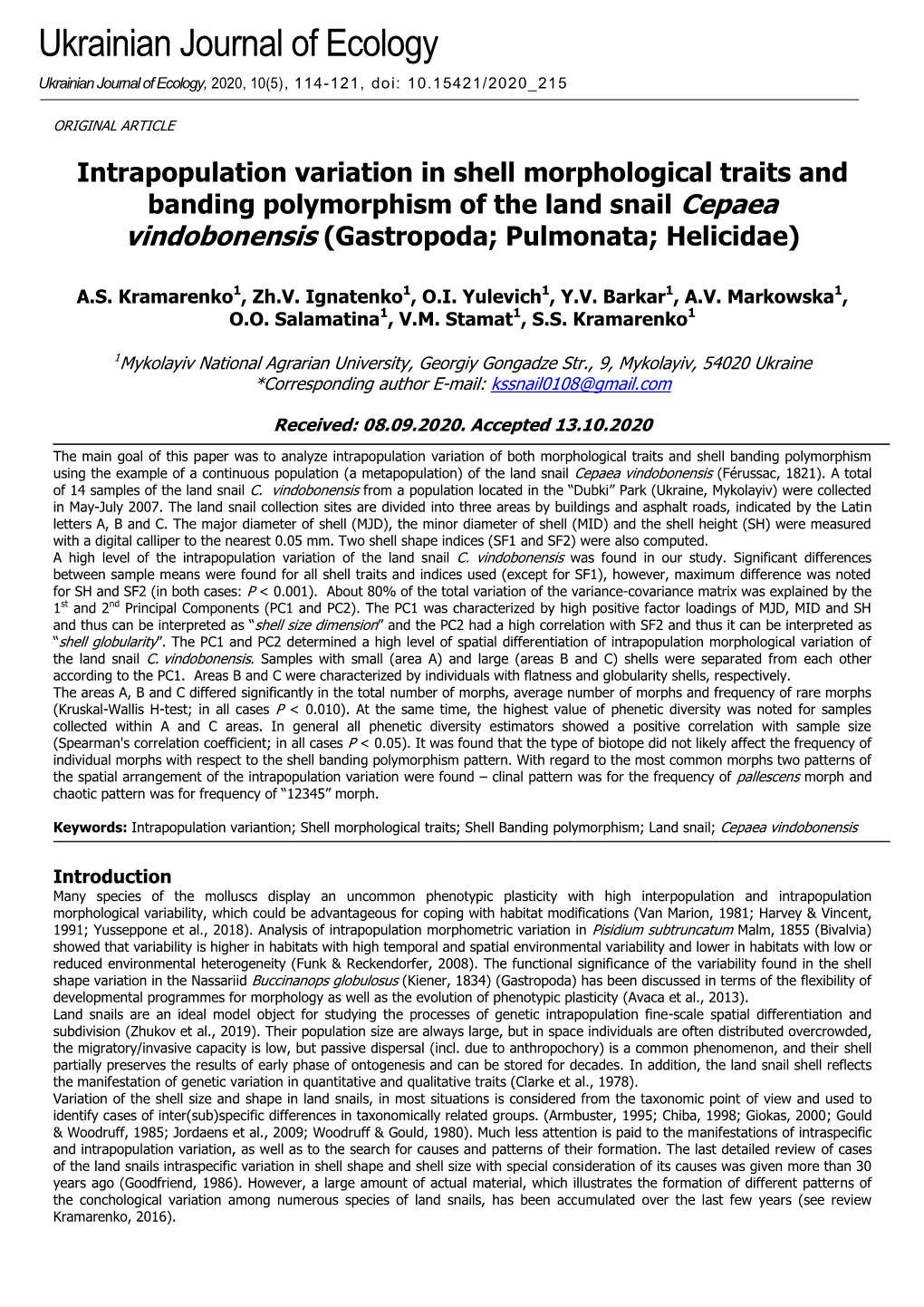 Intrapopulation Variation in Shell Morphological Traits and Banding Polymorphism of the Land Snail Cepaea Vindobonensis (Gastropoda; Pulmonata; Helicidae)