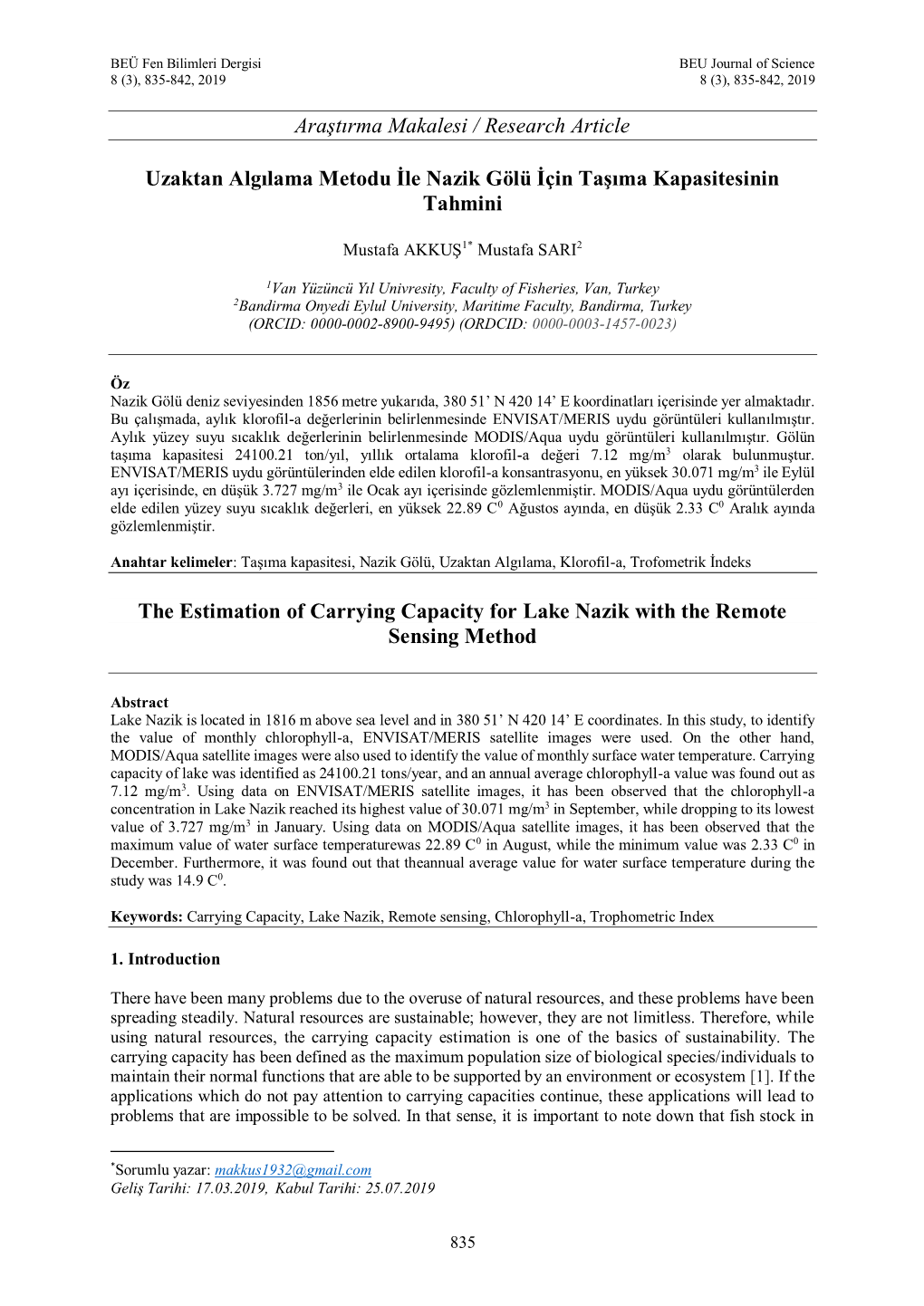 Araştırma Makalesi / Research Article Uzaktan Algılama Metodu İle Nazik