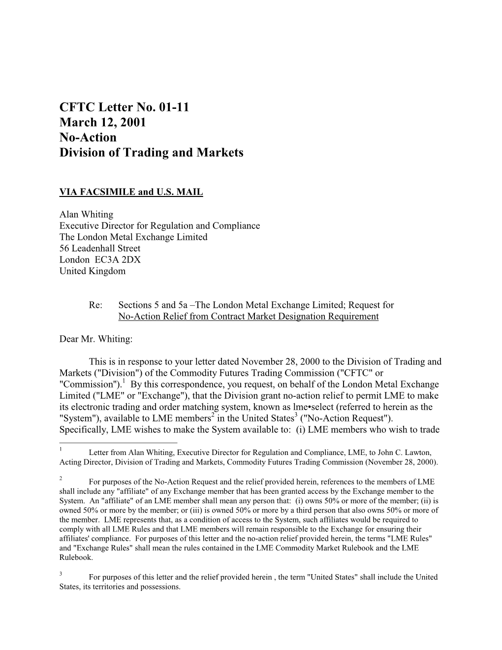 CFTC Letter No. 01-11 March 12, 2001 No-Action Division of Trading and Markets