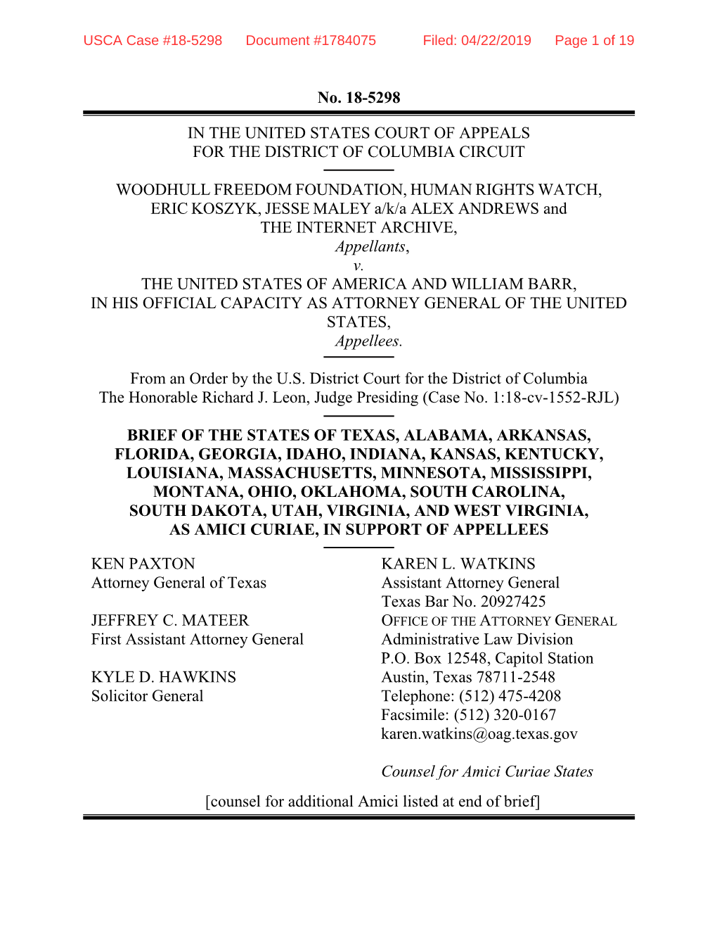 No. 18-5298 in the UNITED STATES COURT of APPEALS for THE