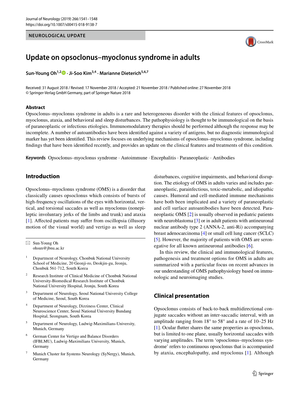 Update on Opsoclonus–Myoclonus Syndrome in Adults