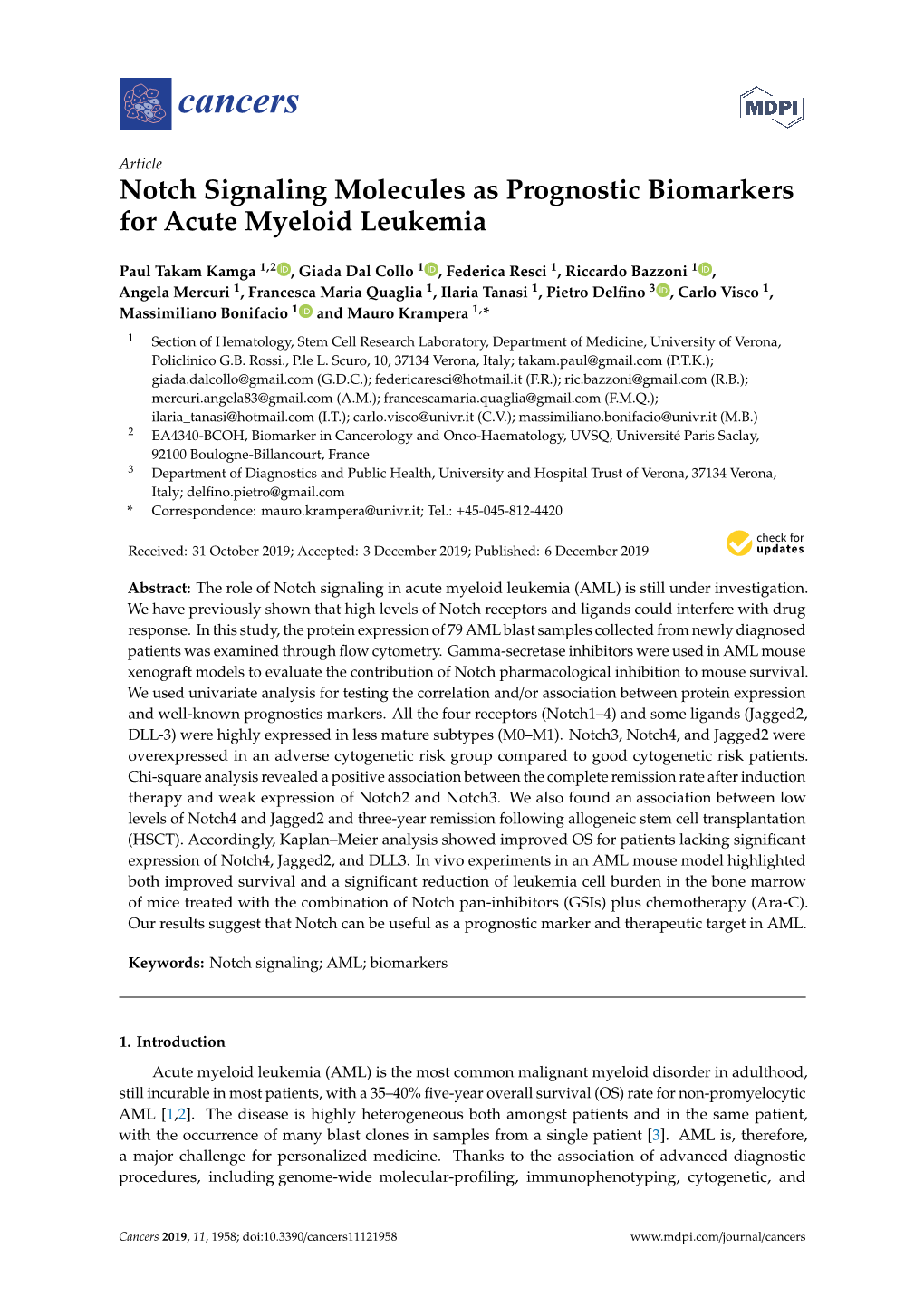 Notch Signaling Molecules As Prognostic Biomarkers for Acute Myeloid Leukemia