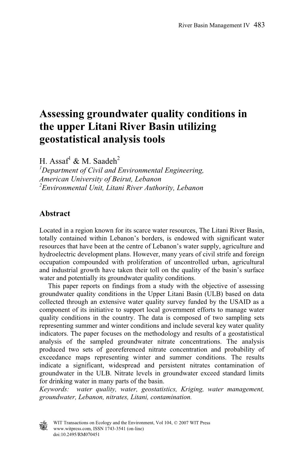 Assessing Groundwater Quality Conditions in the Upper Litani River Basin Utilizing Geostatistical Analysis Tools