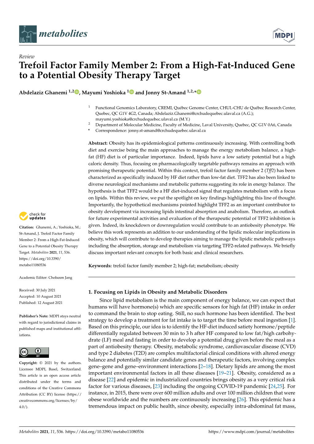 Trefoil Factor Family Member 2: from a High-Fat-Induced Gene to a Potential Obesity Therapy Target