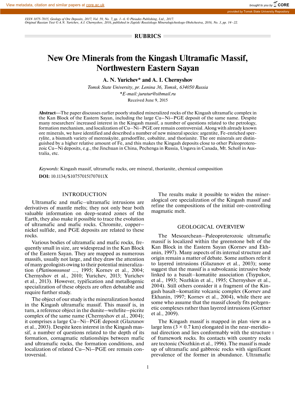 New Ore Minerals from the Kingash Ultramafic Massif, Northwestern Eastern Sayan A