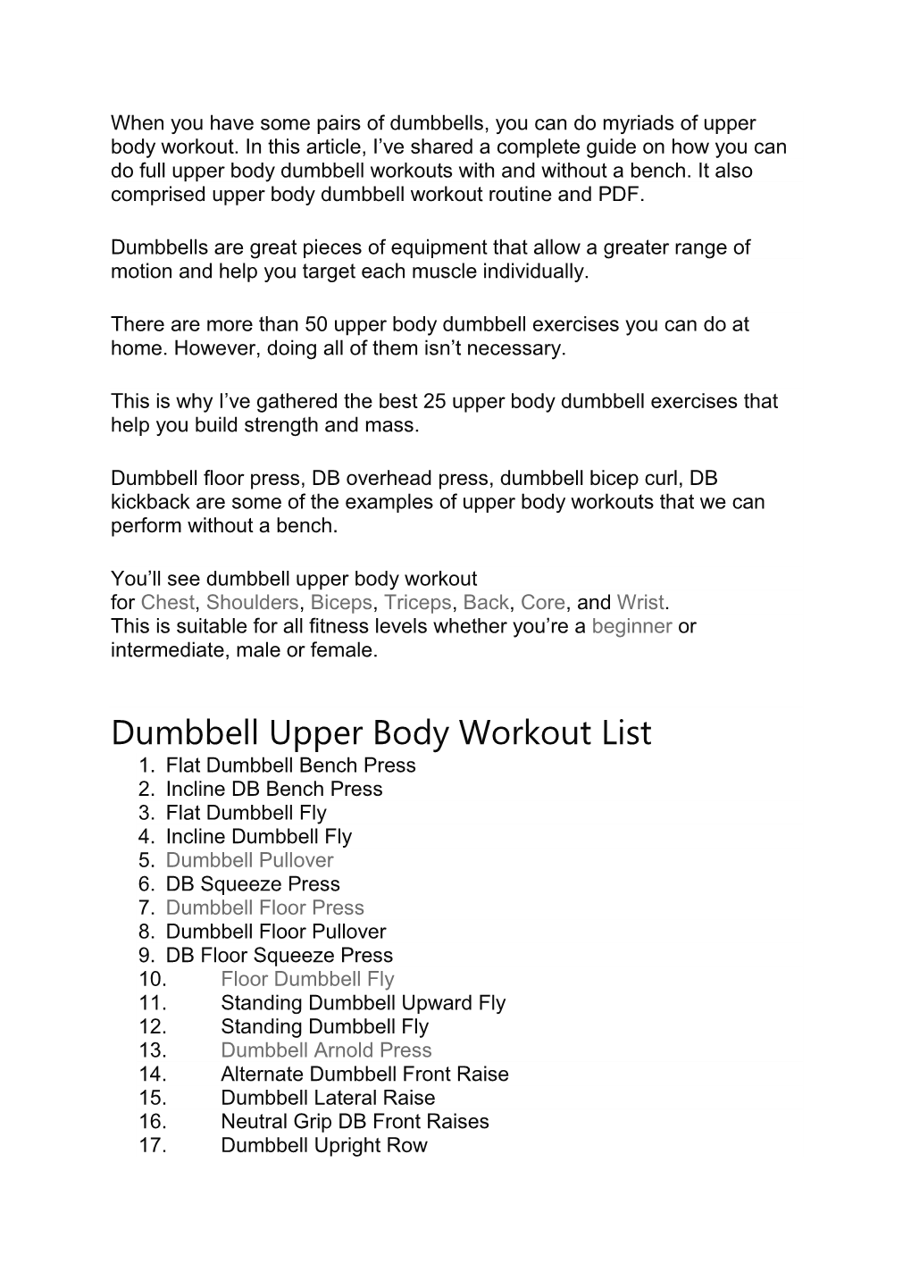 Dumbbell Upper Body Workout List 1