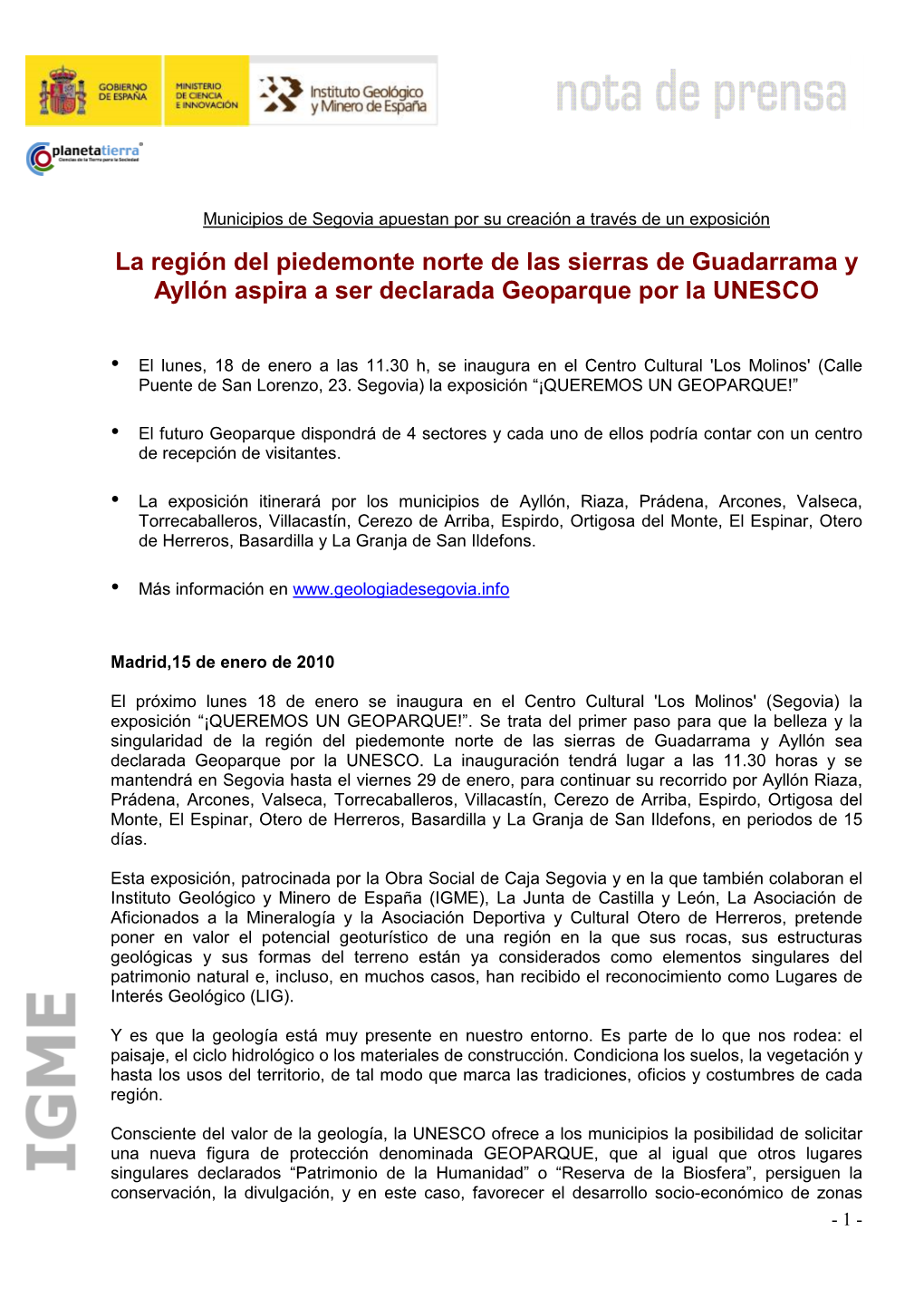 La Región Del Piedemonte Norte De Las Sierras De Guadarrama Y Ayllón Aspira a Ser Declarada Geoparque Por La UNESCO