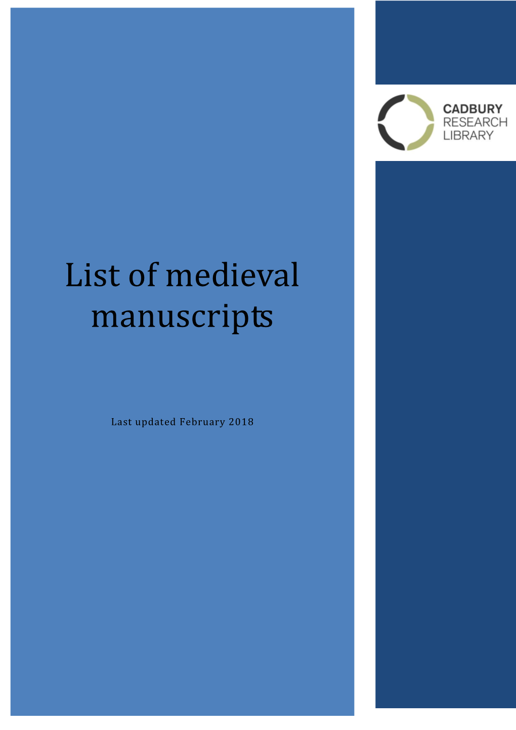 List of Medieval Manuscripts in Special Collections