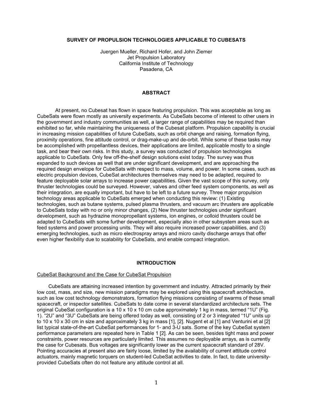 Survey of Propulsion Technologies Applicable to Cubesats