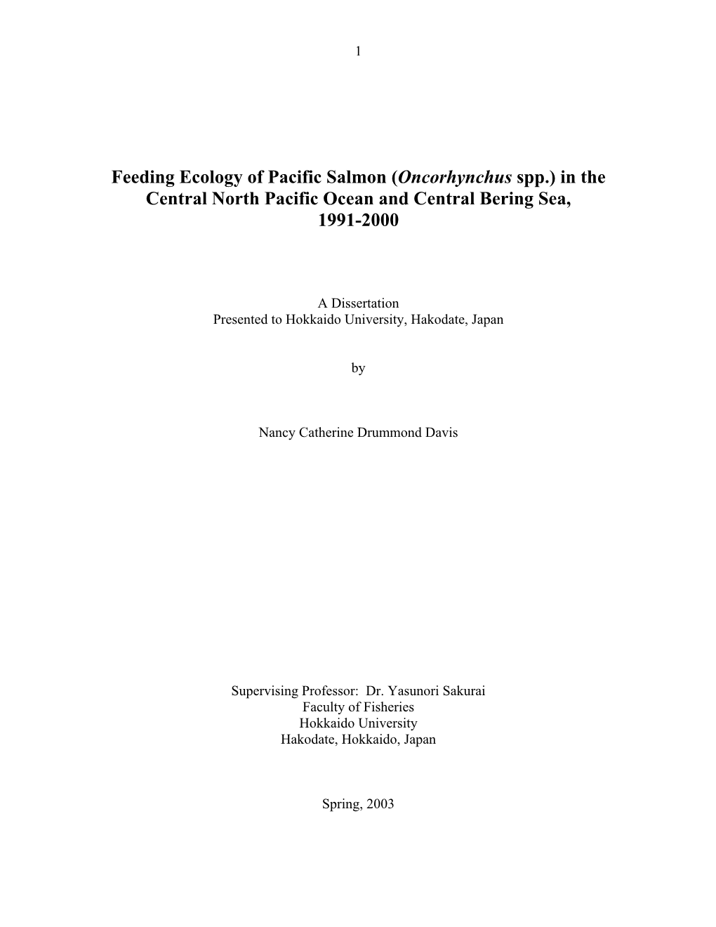 Feeding Ecology of Pacific Salmon (Oncorhynchus Spp.) in the Central North Pacific Ocean and Central Bering Sea, 1991-2000