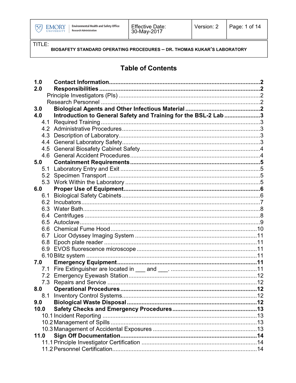 Biosafety Standard Operating Procedures (SOP)