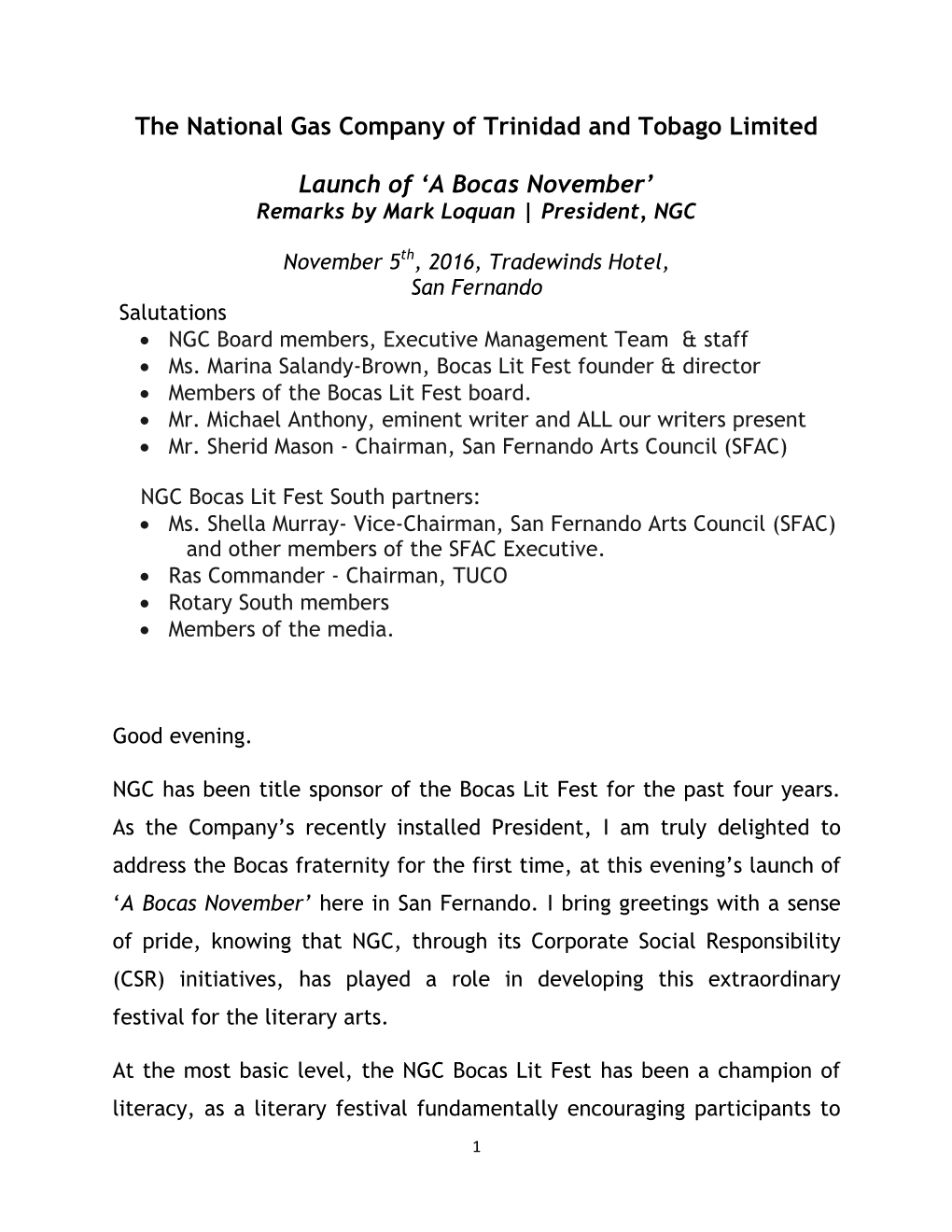 Launch of the NGC Bocas Lit Fest South