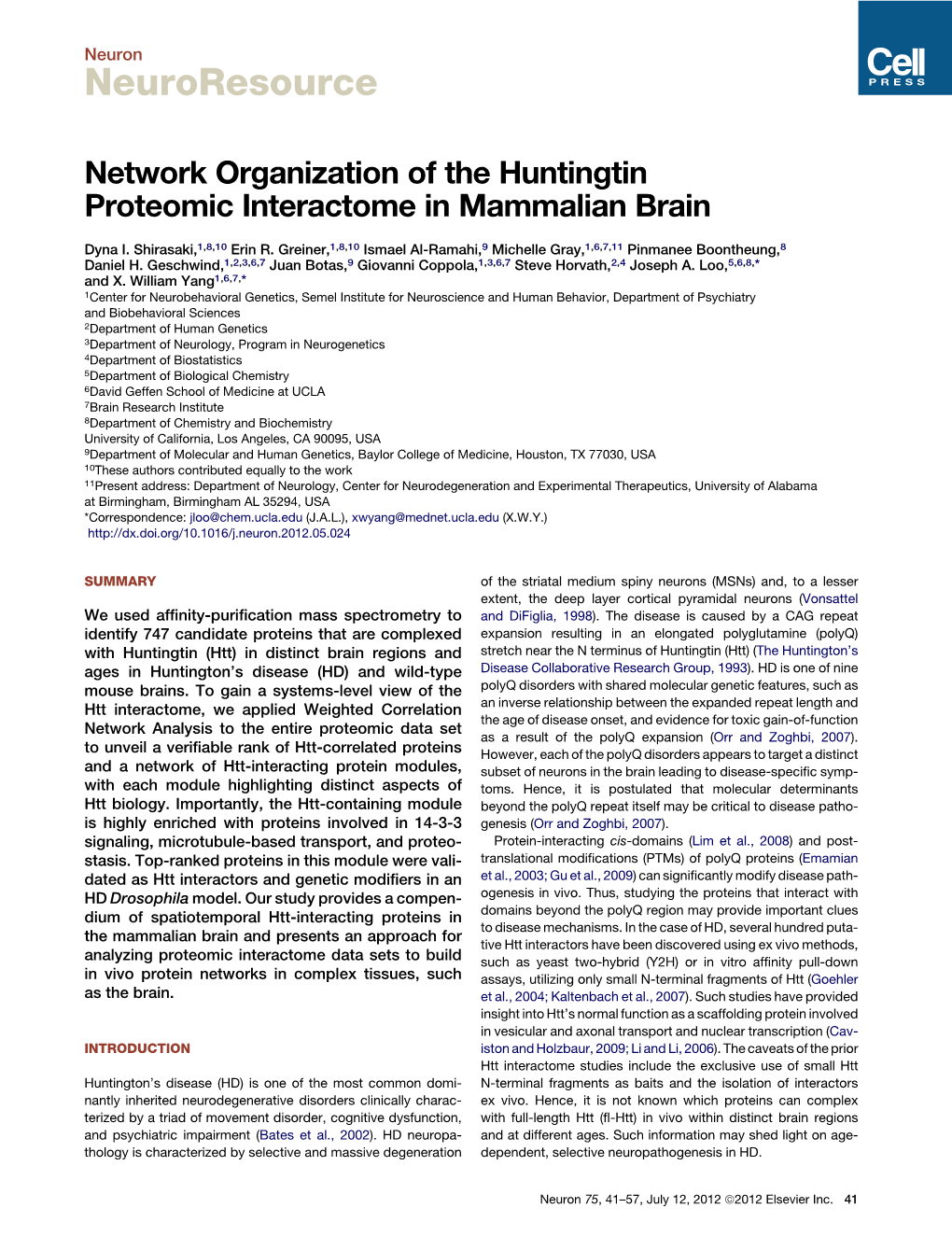 Network Organization of the Huntingtin Proteomic Interactome in Mammalian Brain
