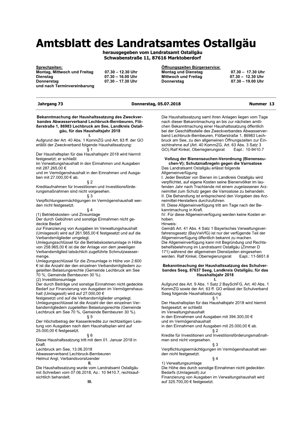 Amtsblatt Des Landratsamtes Ostallgäu Herausgegeben Vom Landratsamt Ostallgäu Schwabenstraße 11, 87616 Marktoberdorf